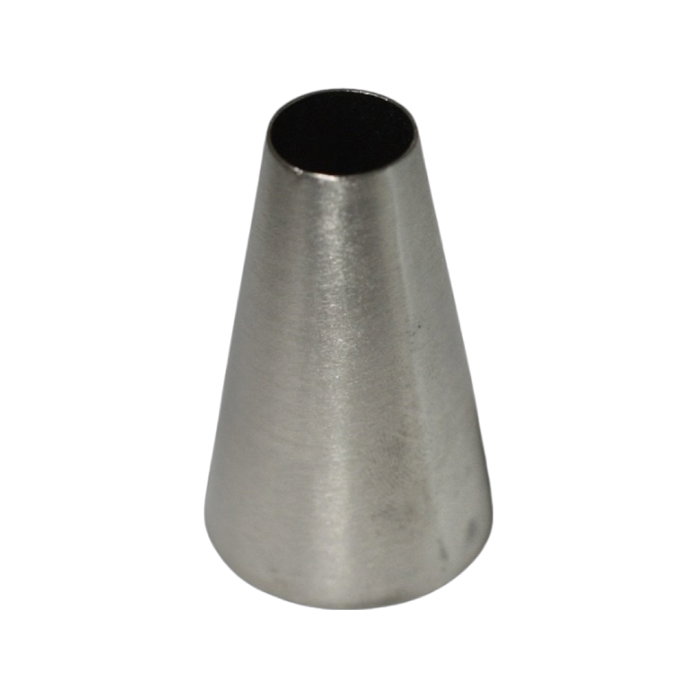 A metal piping tip with a circular opening on one end. The other end is open. It is against a transparent background.