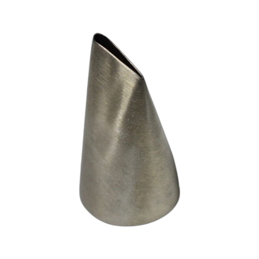 A metal piping tip with a thin open end. The other end is open. It is against a transparent background.
