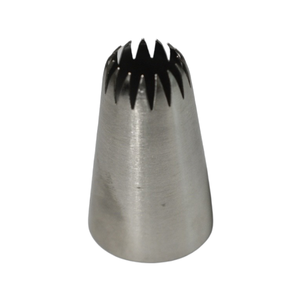 A metal piping tip with a large, jagged opening on one end. The other end is open. It is against a transparent background.