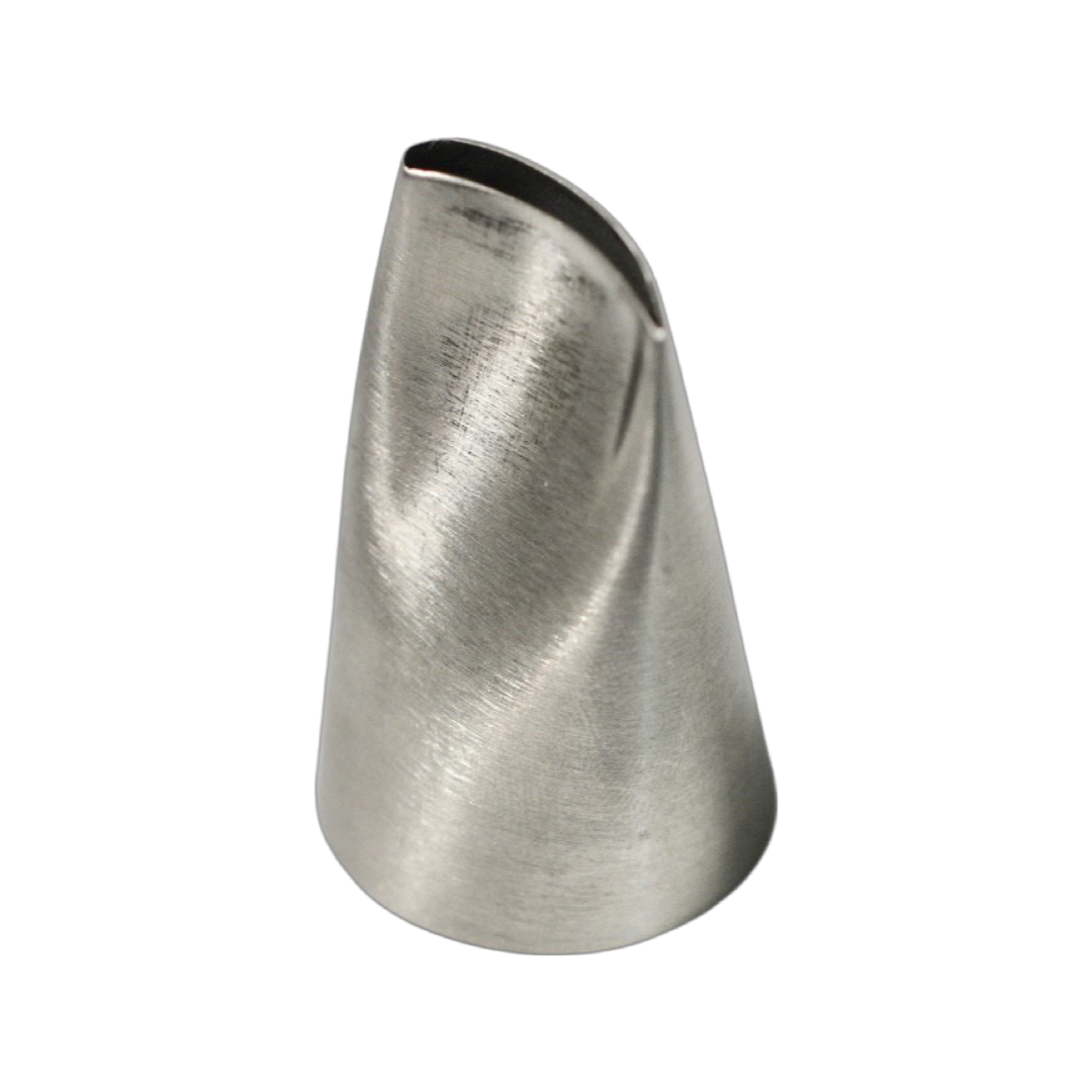 A metal piping tip with a thin open end with a slight curve. The other end is open. It is against a transparent background.