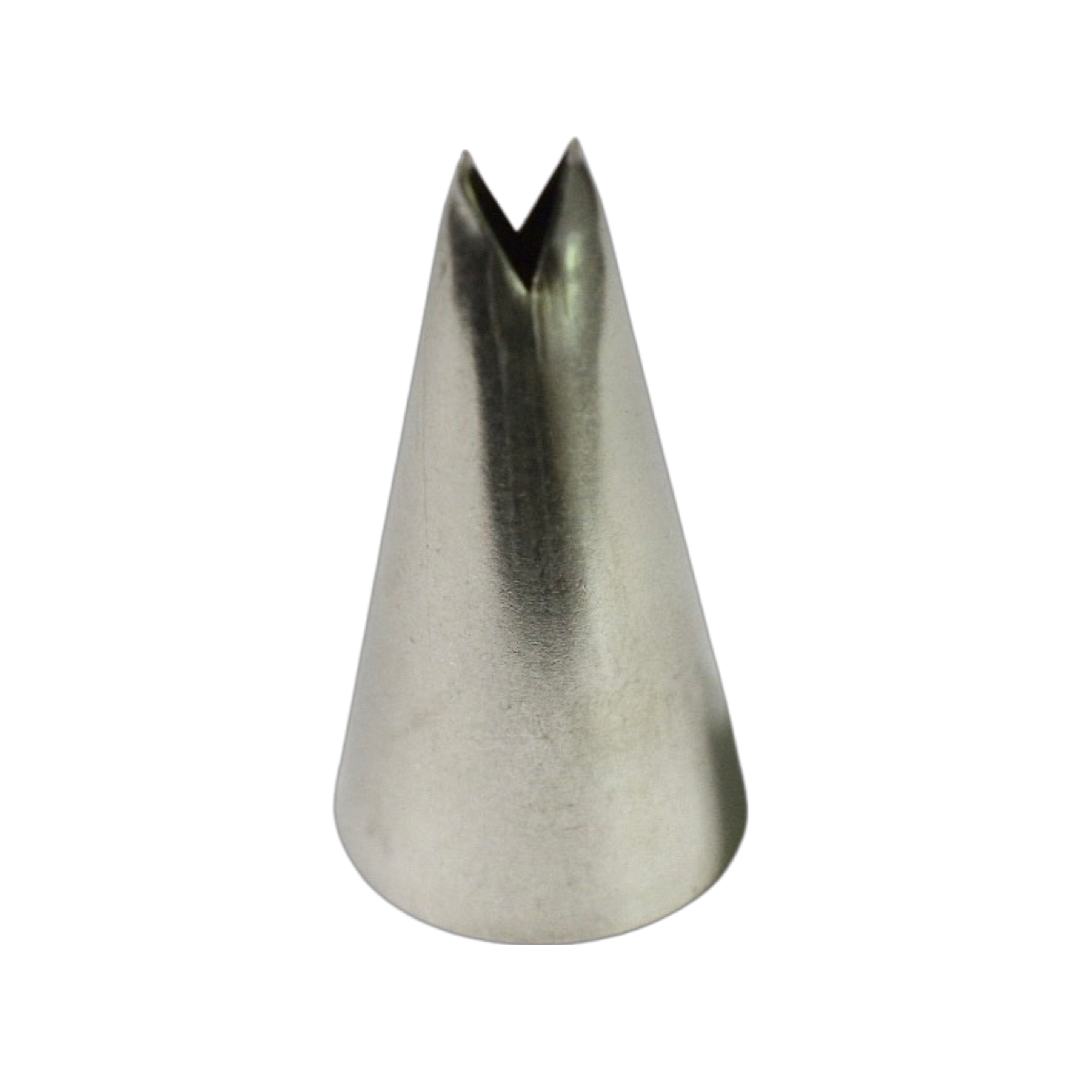 A metal piping tip with a small spiked opening on one end. The other end is open. It is against a transparent background.