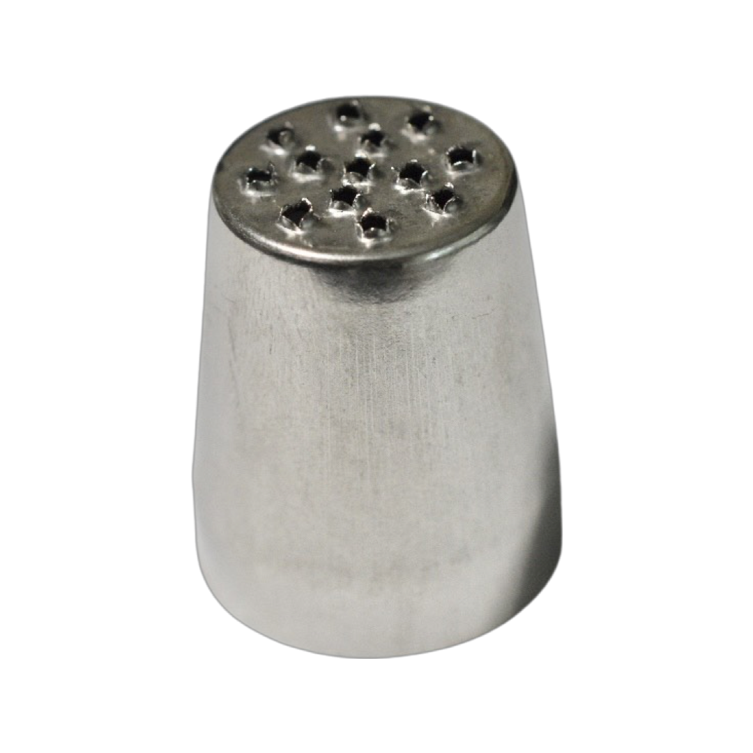 A close up view of a piping tip with many small holes on one side. The other side is open. The piping tip is against a transparent background.