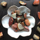 A white flower shaped bowl rests against a dark wood background. There are brown and red colored tumbled stones in the bowl and scattered around the bowl for display.