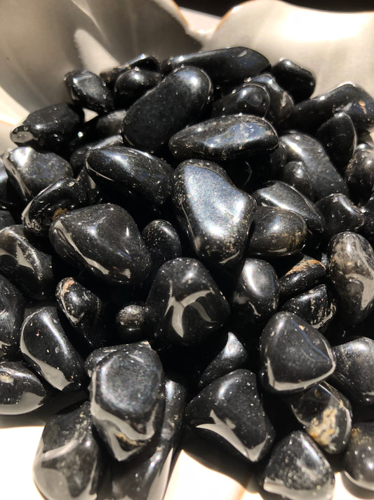 A close up picture of black onyx stones. They are shiny and dark black.