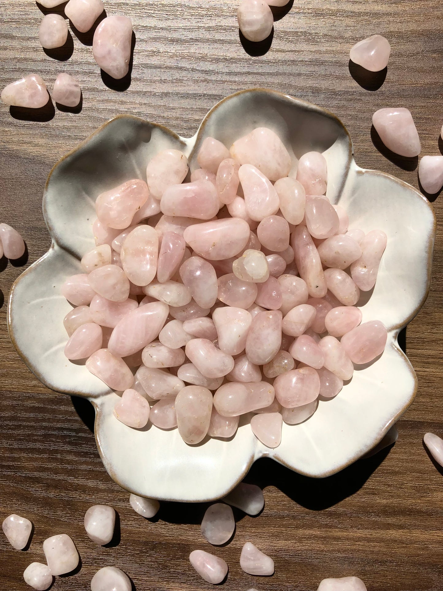 A downward picture of rose quartz stones sitting in a white, flower shaped bowl. There are scattered rose quartz stones around it. It sits on a dark wooden background.