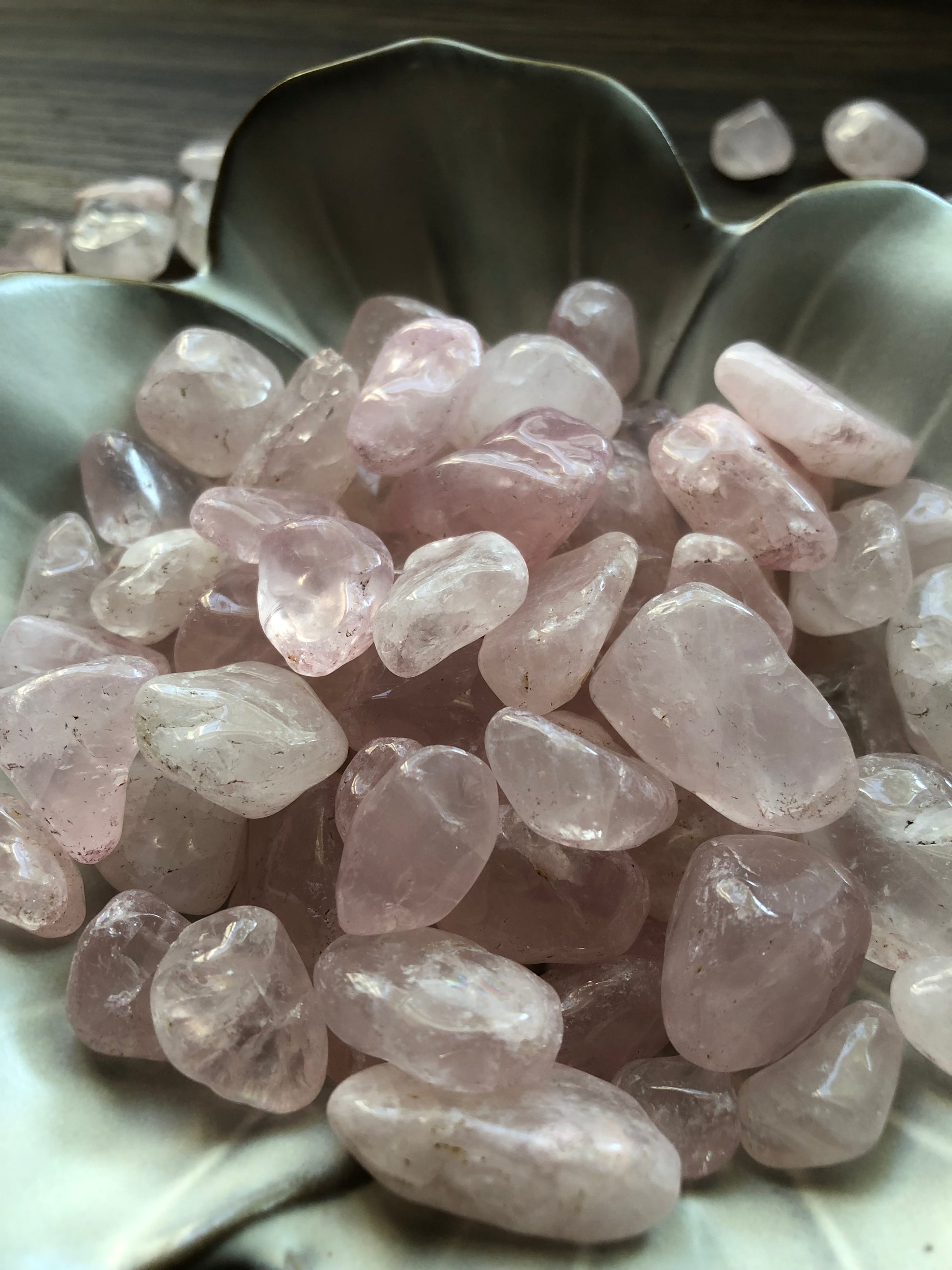 A close up picture of tumbled rose quartz sitting in a white bowl.