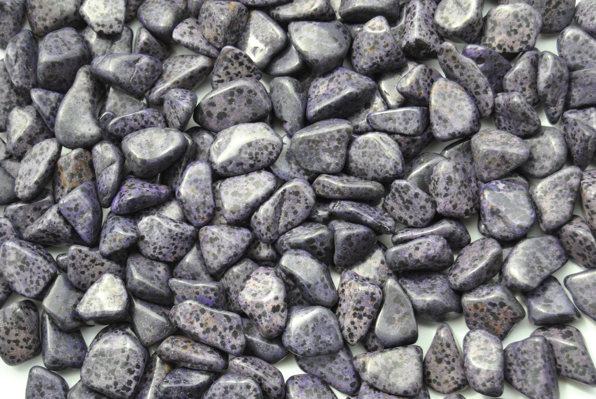 A top down view of an assortment of purple dalmation jasper stones. The stones are a dark purple with black spots.