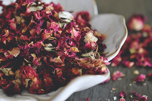 A close up view of an assortment of rose petals and buds rests in a white, flower shaped dish on a wooden surface. The rose is a deep pink and red color. There are small rose petals and buds scattered about in the background.