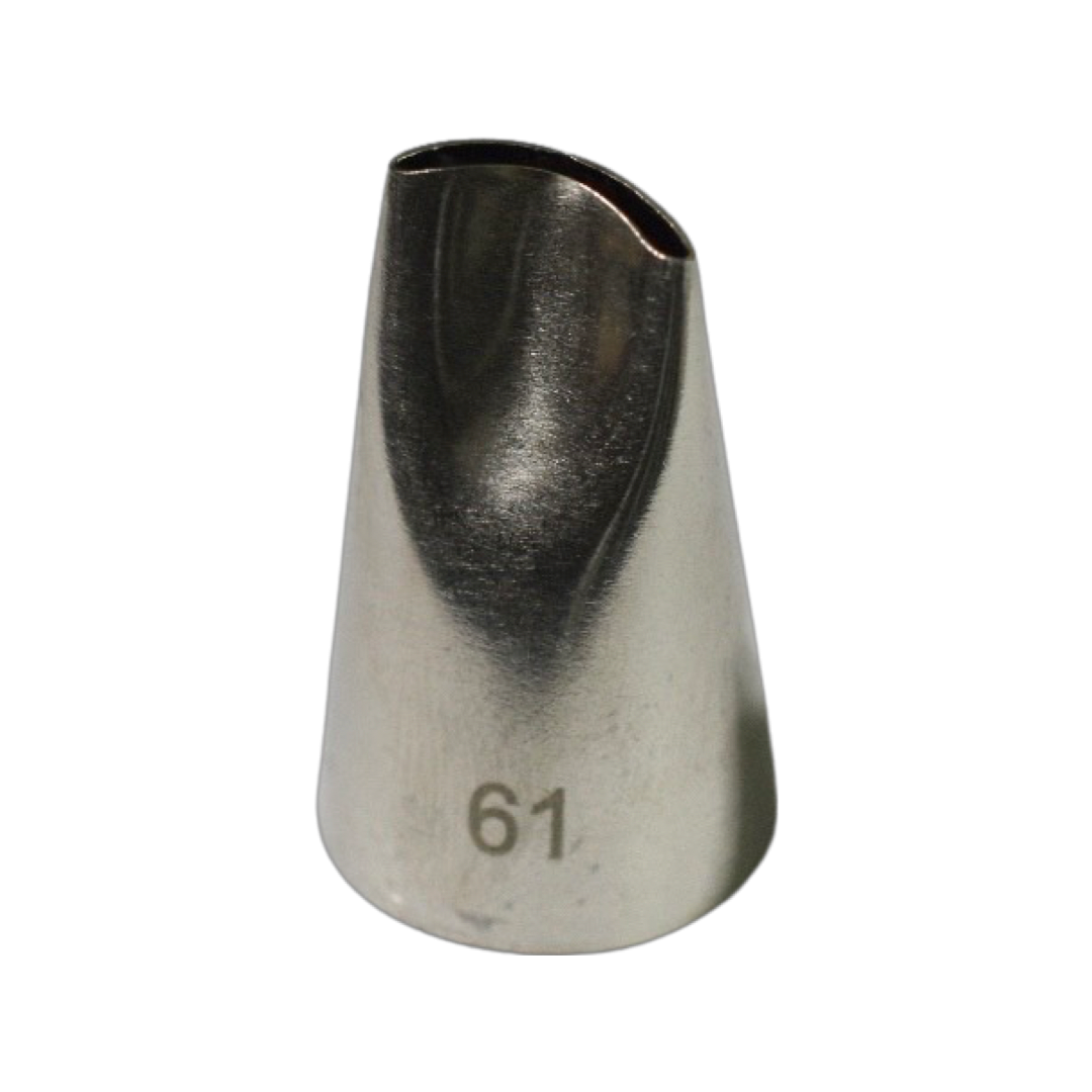 A metal piping tip with a thin, curved opening on one end. The other end is open. It is against a transparent background. The number 61 is stamped on the side.