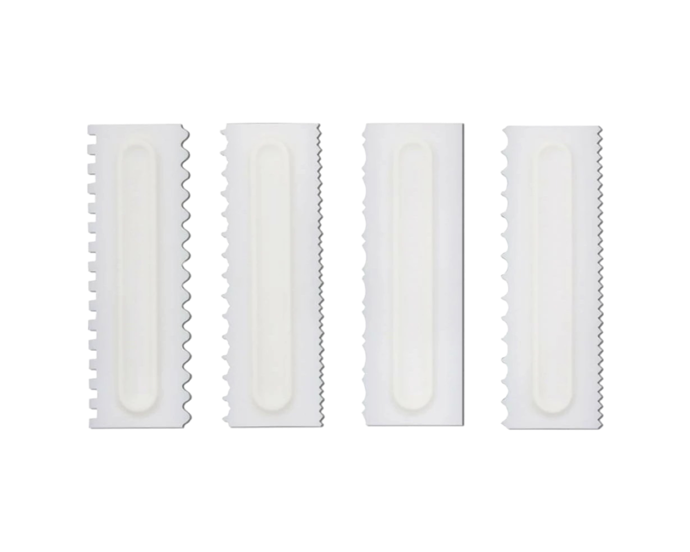 A set of four white scrapers. Each scraper has two sides with different indentations to create patterns when used.
