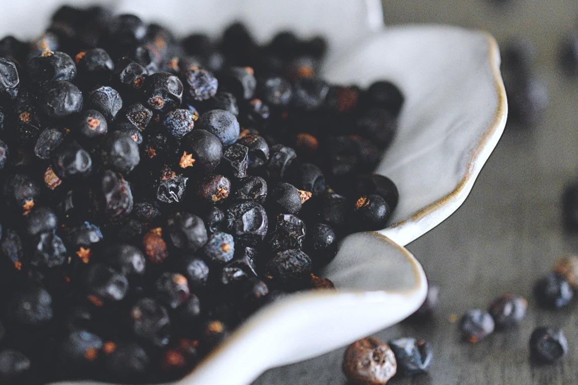 A close up view of an assortment of juniper berries in a white, flower shaped dish on a wooden surface. Various juniper berries are scattered about in the background. The juniper berries are a dark purple.