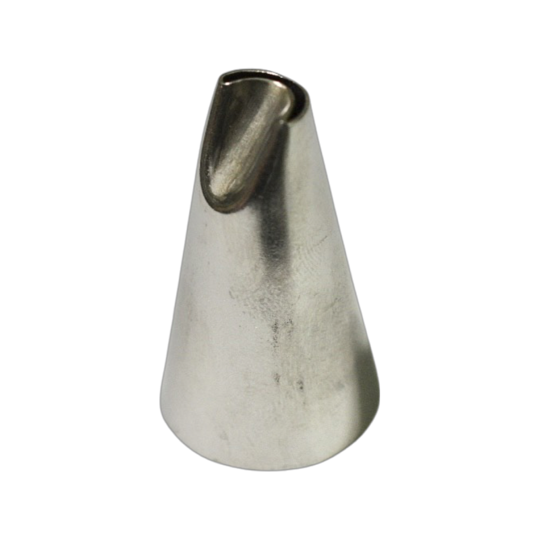 A metal piping tip with a small, thin, curved opening on one end. The other end is open. It is against a transparent background.