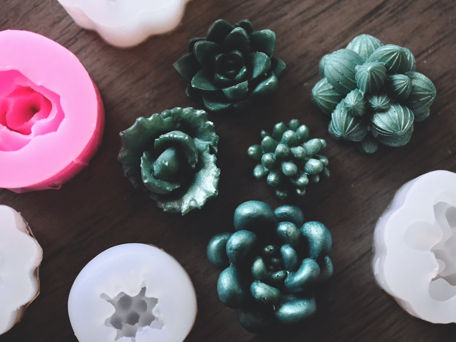 A set of five small molds in the shape of various succulent flowers. The mold color varies between clear and pink.