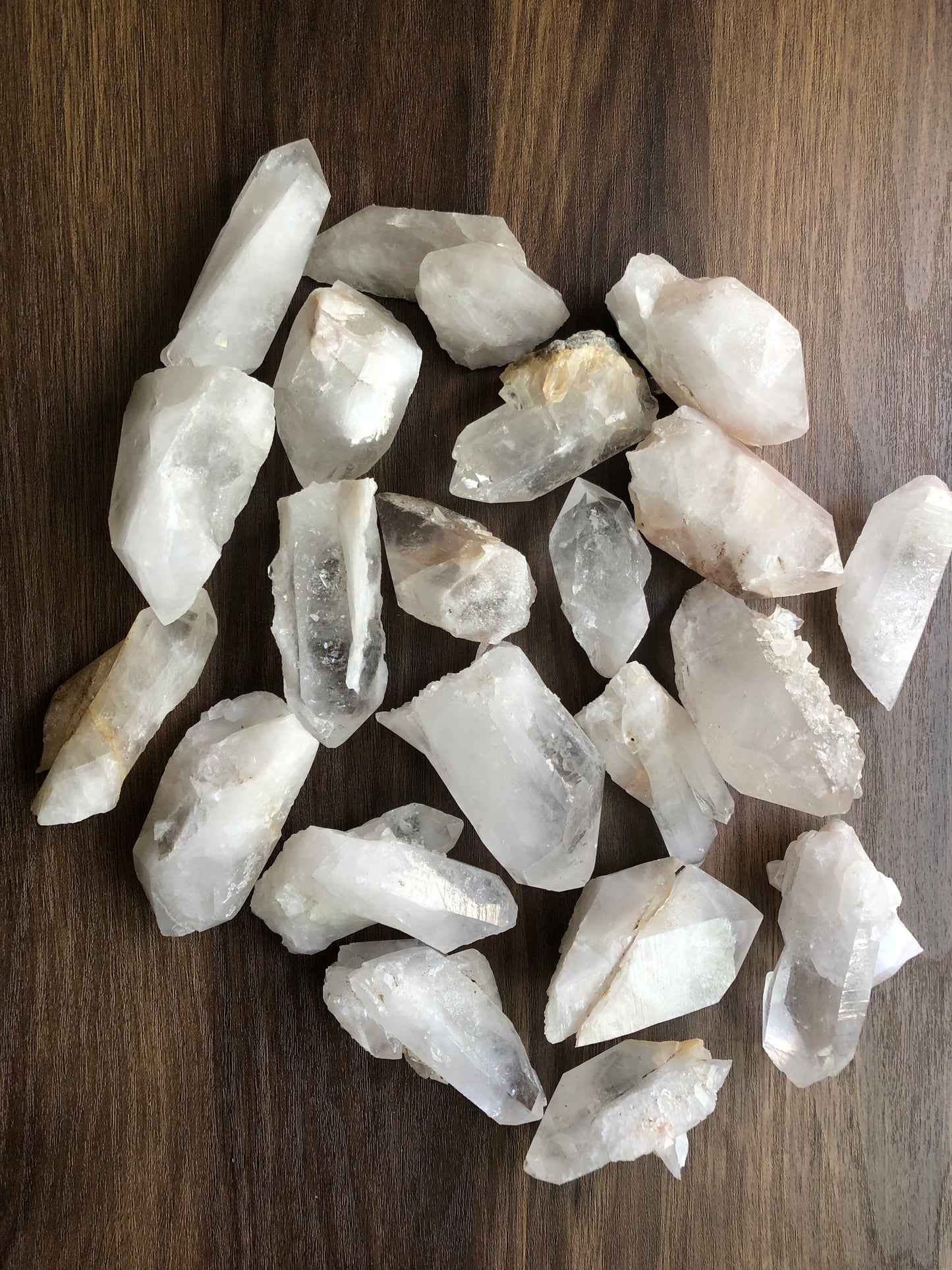 A top down view of an assortment of medium sized rough cut quartz crystals on a wooden surface. They are various shapes. They are all relatively clear, with some having slight discoloration.