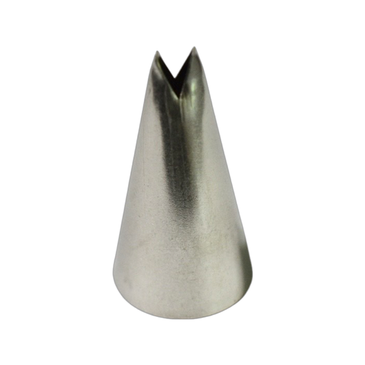 A metal piping tip with a small spiked opening on one end. The other end is open. It is against a transparent background.