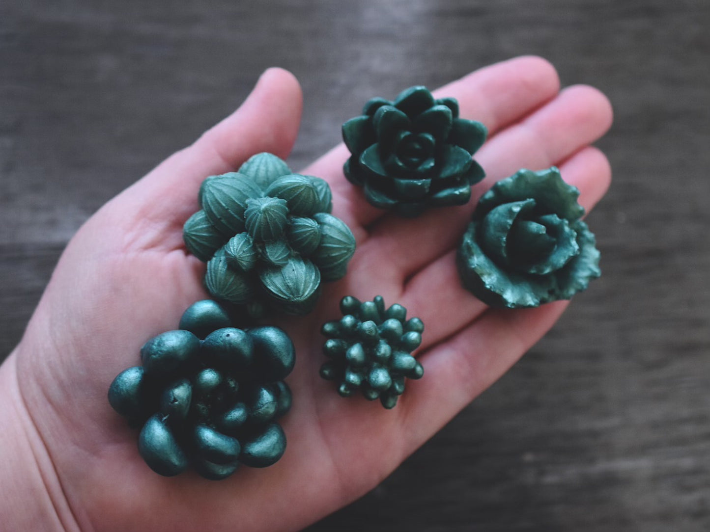 A hand holding the five completed soap succlents. The succulents have been colored green.