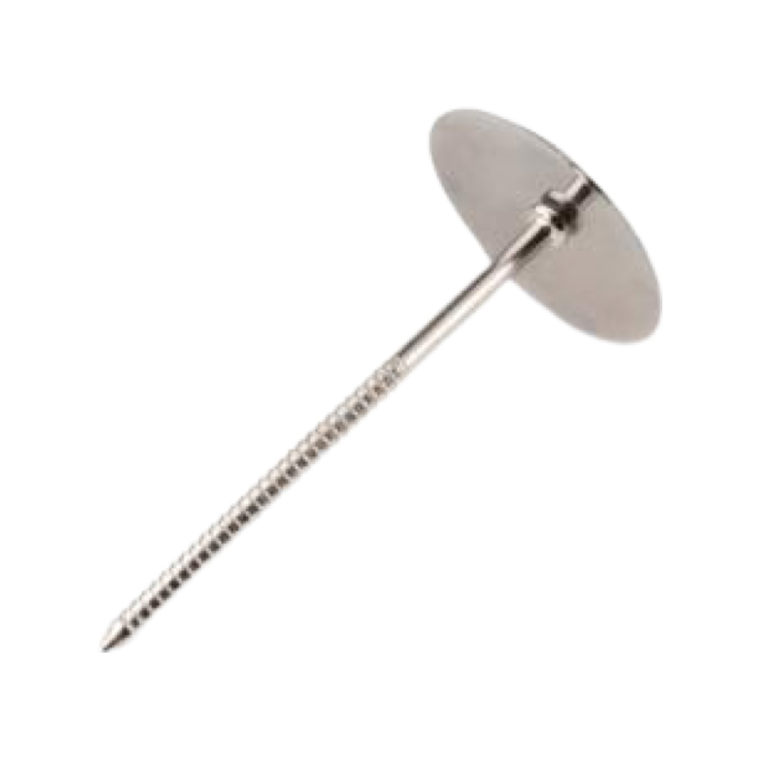 A close up view of a metal flower nail, with a large, flat end, and a pointy, thin end against a transparent background.
