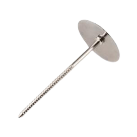 A close up view of a metal flower nail, with a large, flat end, and a pointy, thin end against a transparent background.